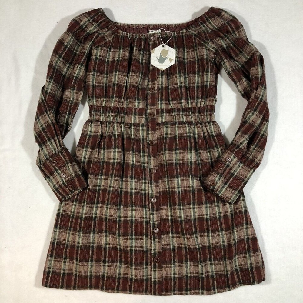 NEW Paper Crane Womens Small Plaid Squared Neck Button Dress Fall NWT $54